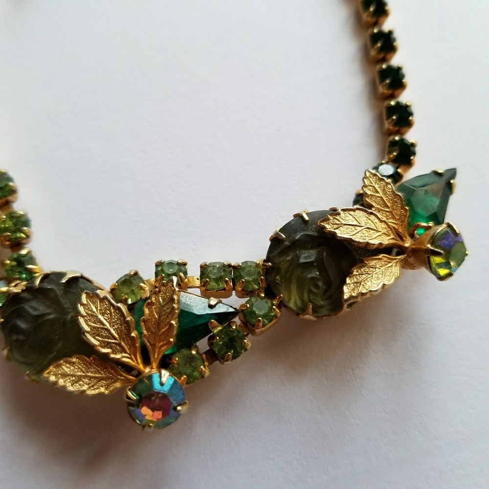 Relisted- Vintage necklace green rhinestones givre rose choker gold leaf leaves - Picture 8 of 8